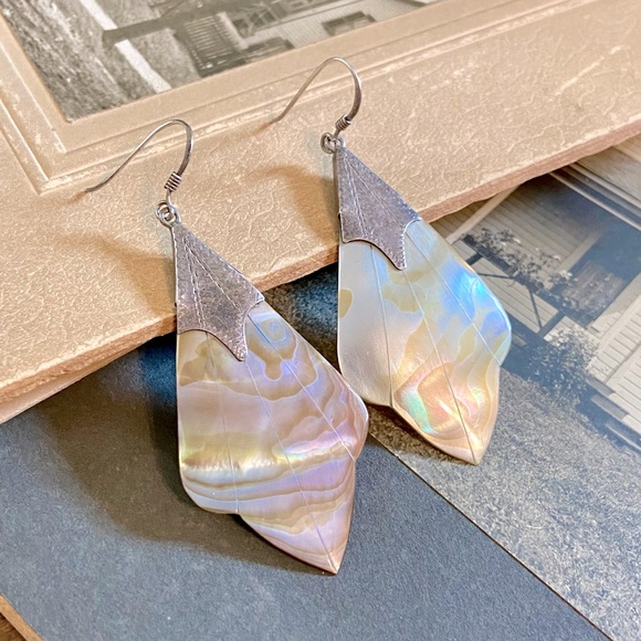 SOLD-Vintage Stylized Fan Leaf shaped Abalone Shell & Sterling Drop Earrings - Picture 1 of 15